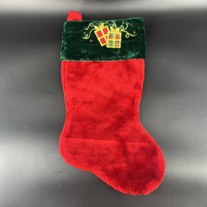 Vintage Velour Fuzzy Soft Christmas Stocking Wrapped Present Gift Embroidered